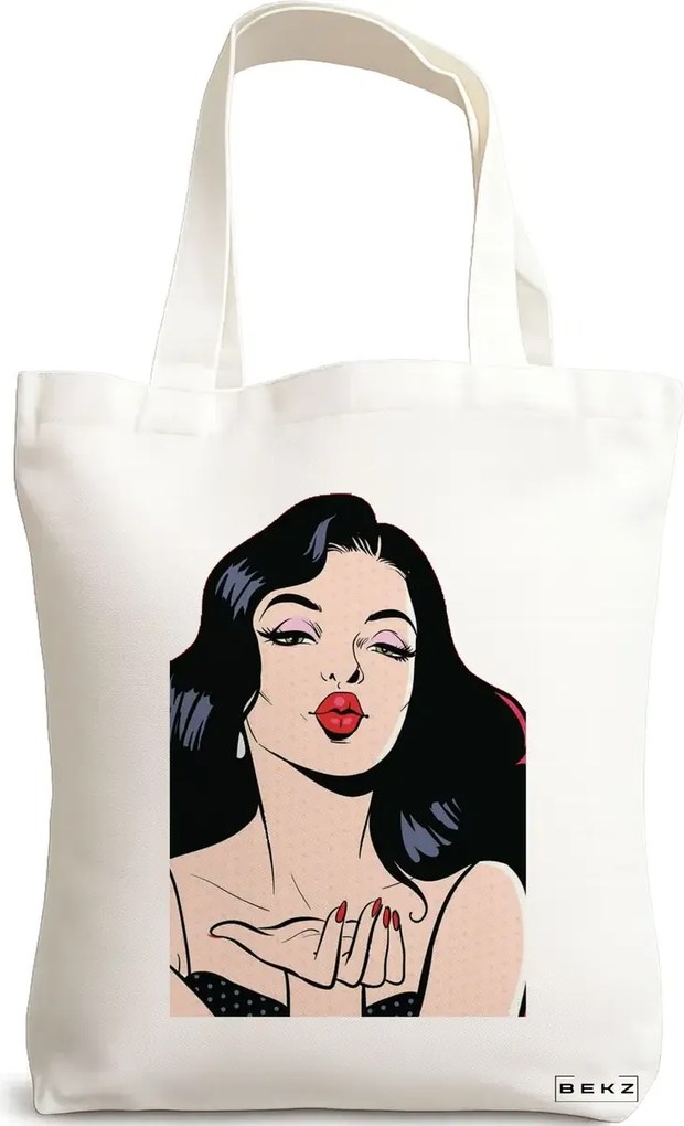 Sacosa de Panza pentru Cumparaturi, Geanta Tote, model Stylish Girl, 38x34.5 cm, Alba, BEKZ®
