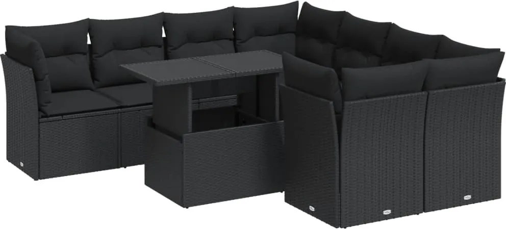 vidaXL Set mobilier de grădină cu perne, 9 piese, negru, poliratan
