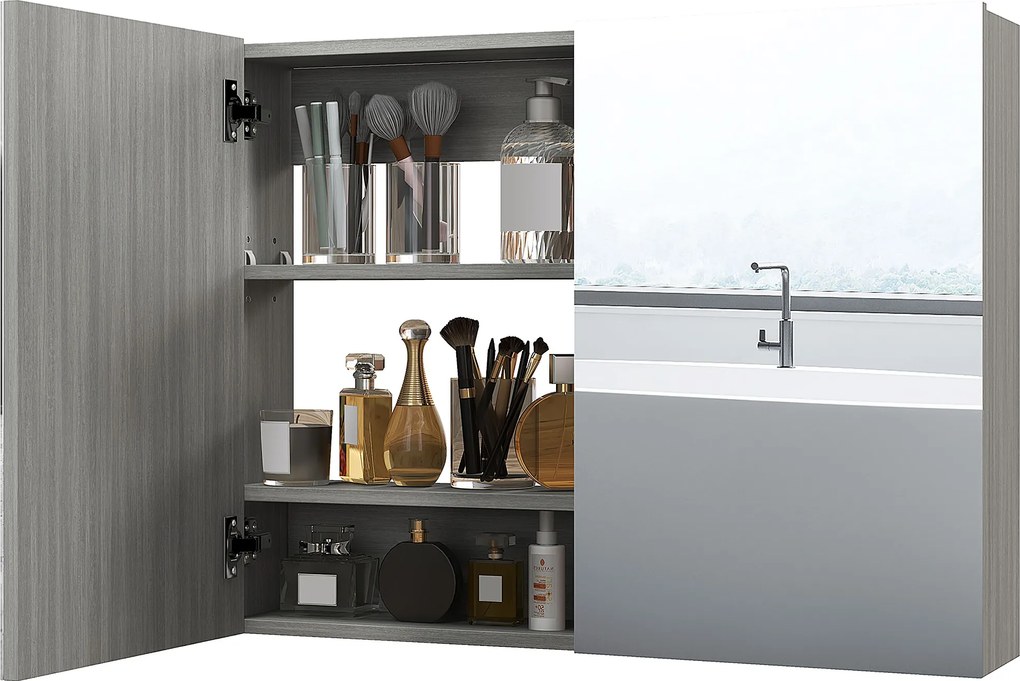 HOMCOM Dulap suspendat pentru baie cu oglindă, mobilier de baie, uși duble și rafturi reglabile, 80x15x60cm, gri | Aosom Romania