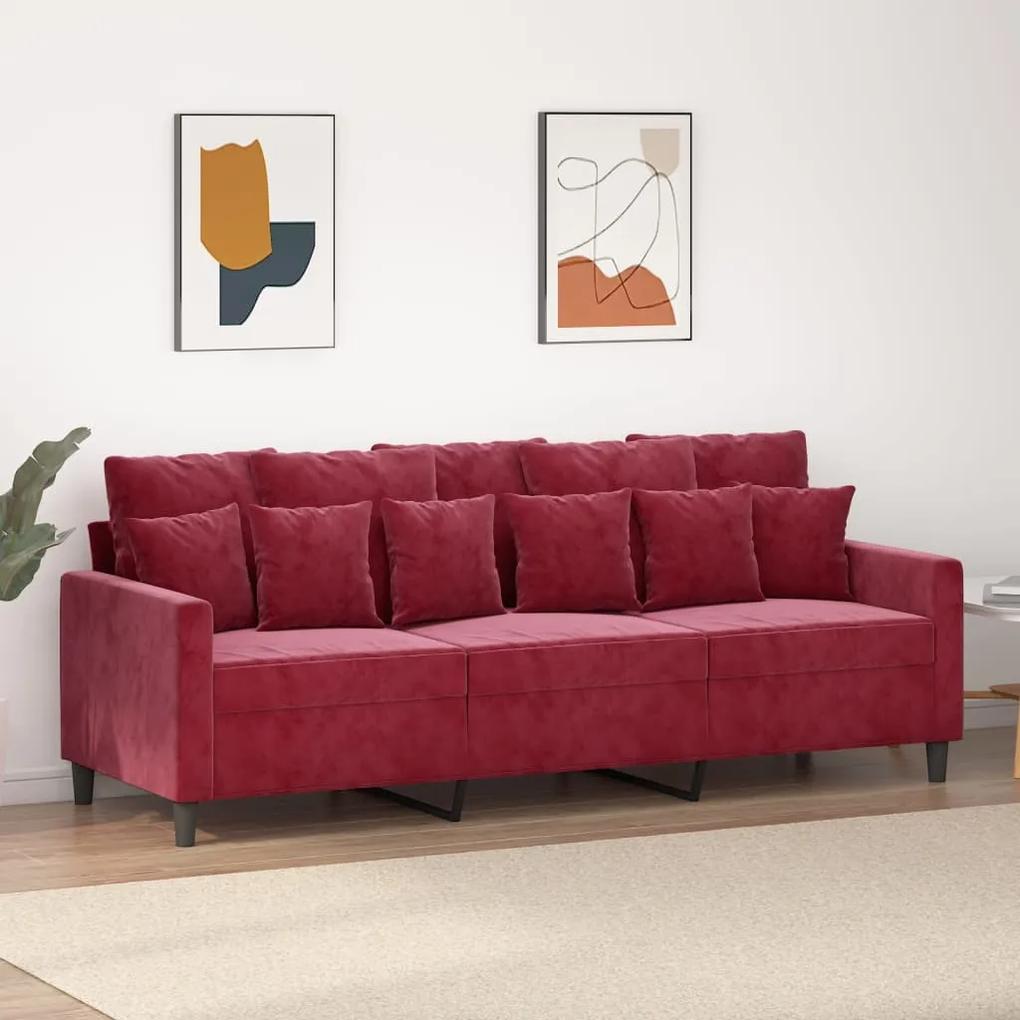 Canapea cu 3 locuri, rosu vin, 180 cm, material catifea Bordo, 198 x 77 x 80 cm