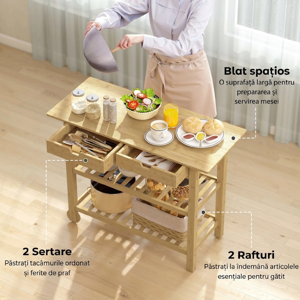 HOMCOM Cărucior de Bucătărie din Lemn de Bambus cu 2 Sertare, 2 Rafturi și 2 Roți, 100x43x75 cm, Lemn | Aosom Romania