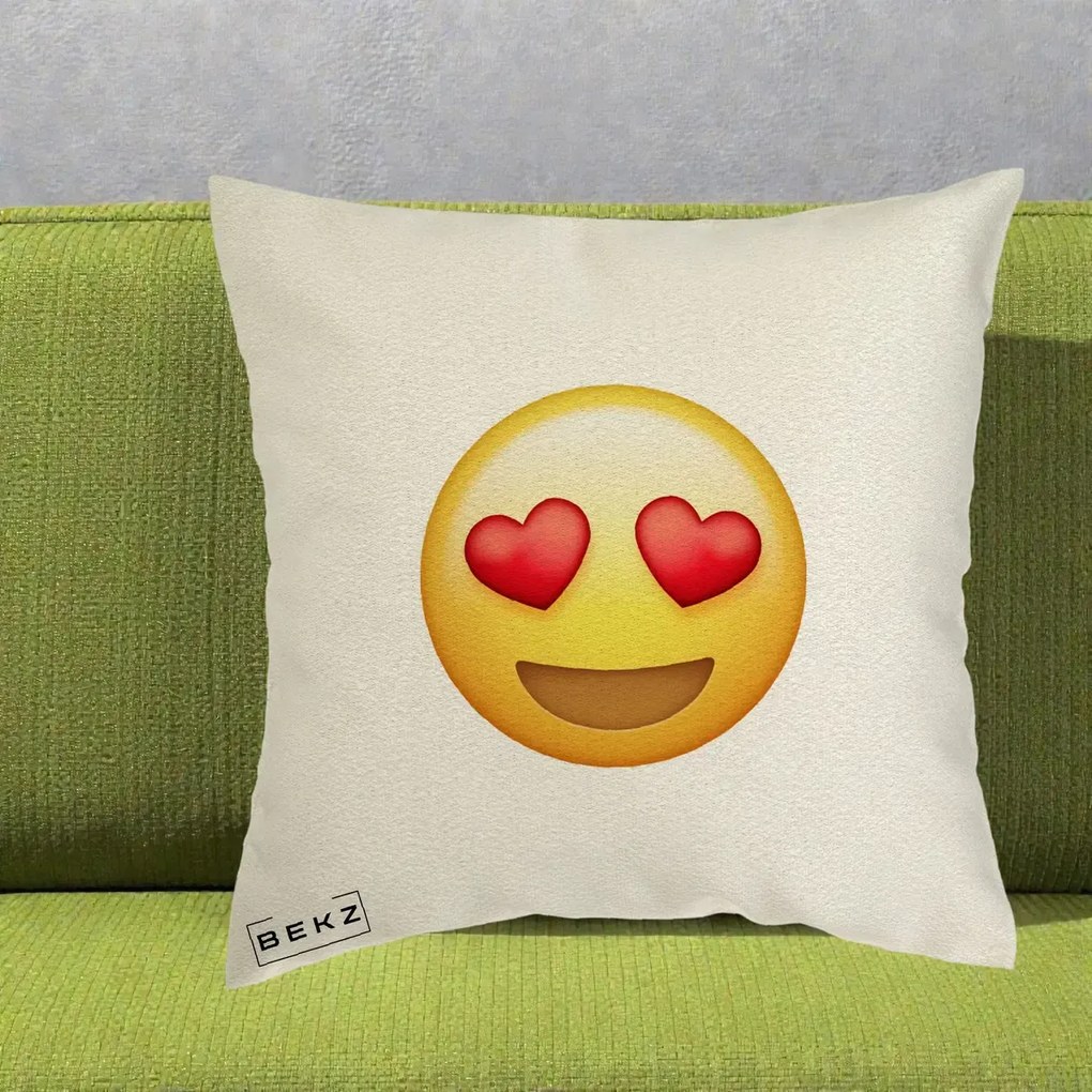 Perna Decorativa Emoji Inimi in Ochi, 40x40 cm, Ecru, Husa Detasabila, Perna Inclusa, BEKZ®