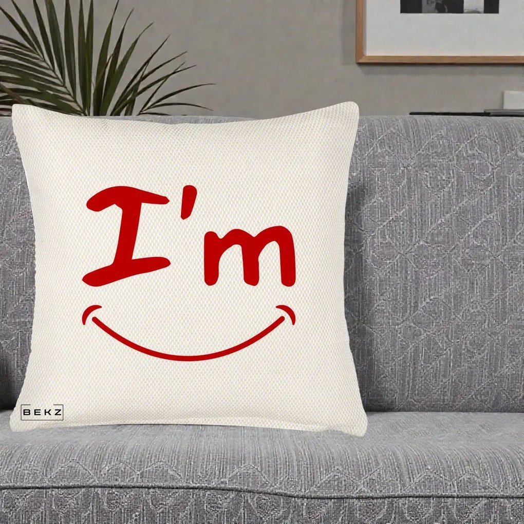 Perna Decorativa I'm Happy Smile, 40x40 cm, Crem Reliefat, Husa Detasabila, Perna Inclusa, BEKZ®
