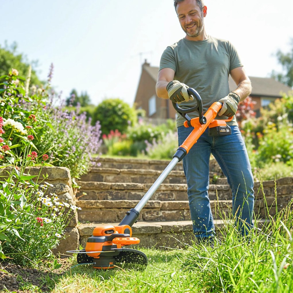 Outsunny Trimmer cu acumulator 21V, motocoasă cu 2x4,0 Ah baterii, încărcător, lățime de tăiere 25 cm, mâner telescopic reglabil | Aosom Romania