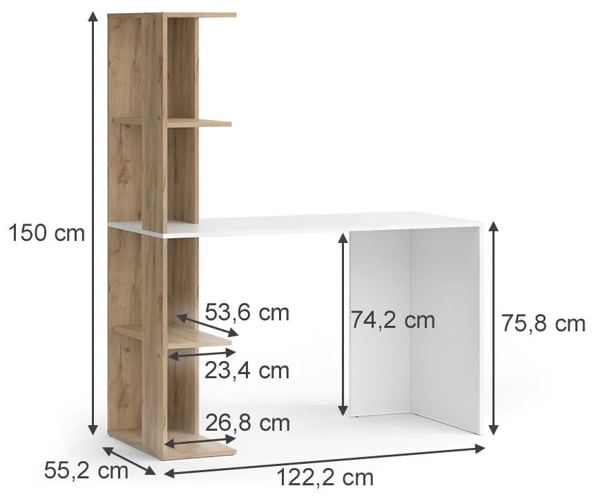 BIA214 - Masa de birou cu rafturi, 122 cm, home office - Alb - culoarea Stejar