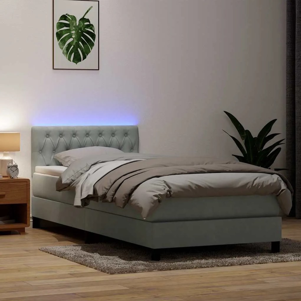 vidaXL Pat cu arcuri cu saltea și LED, gri deschis, 80x220 cm, catifea