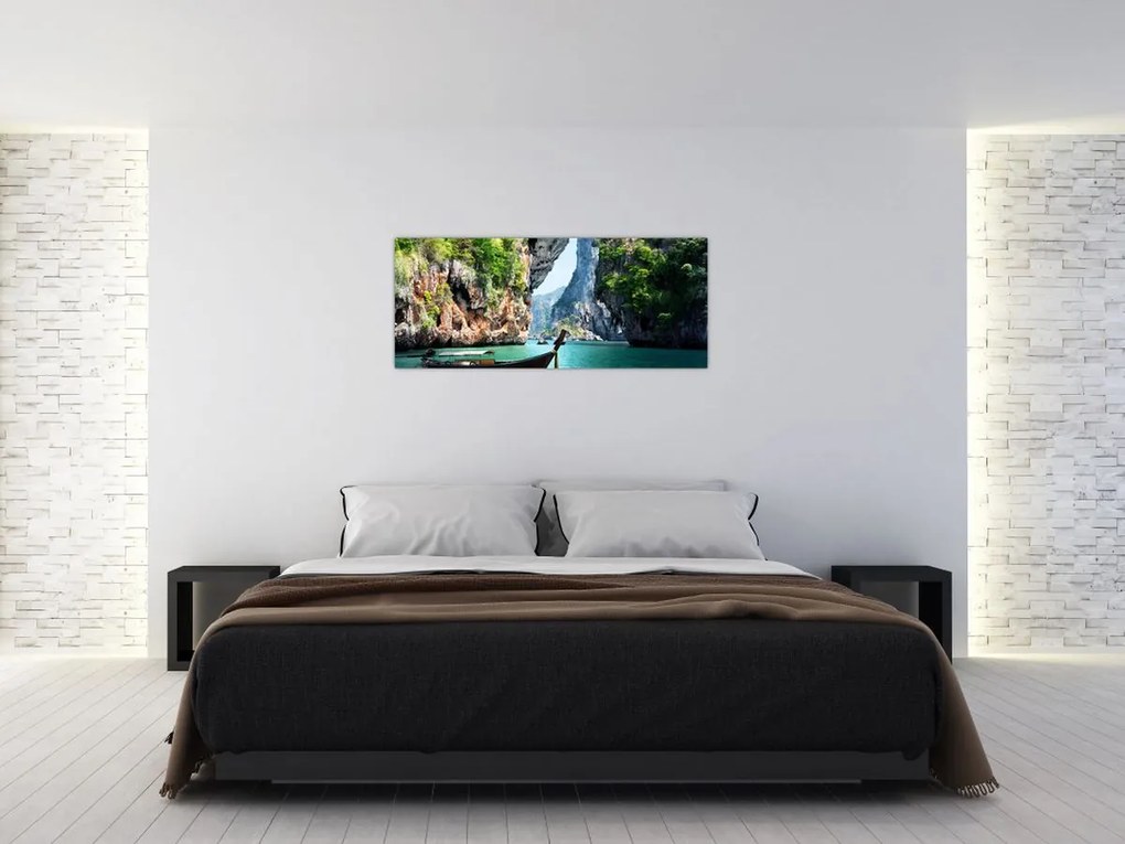 Tablou - Apă peisaj mediteranean cu barca (120x50 cm)