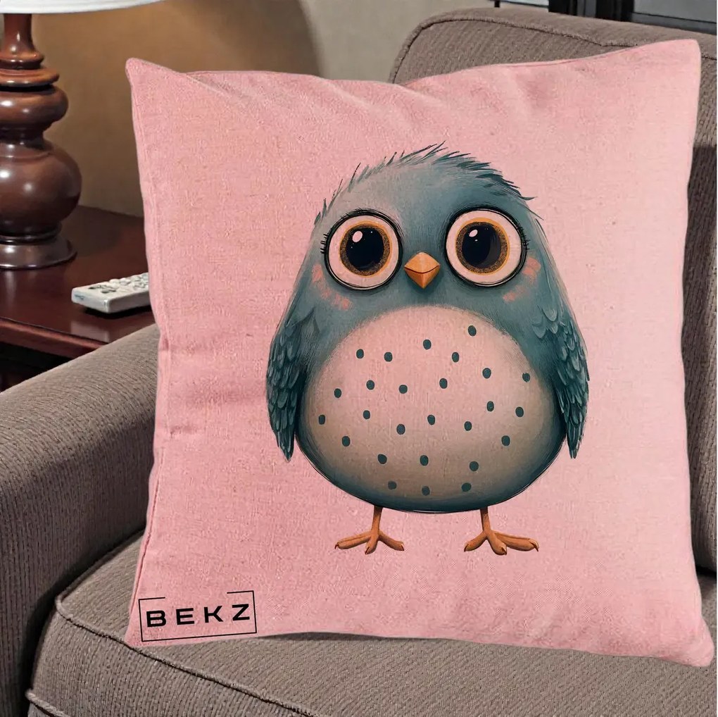 Perna Decorativa Pasare Teal cu Buline Teal, 40x40 cm, Roz, Husa Detasabila, Perna Inclusa, BEKZ®