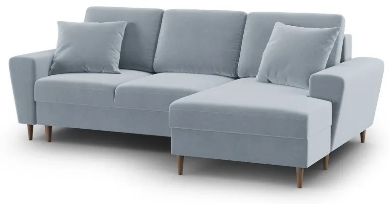 Colțar albastru deschis extensibil, cu spațiu de depozitare cu tapițerie din catifea (cu colț pe partea dreaptă, cu șezlong) Kyoto – Cosmopolitan Design