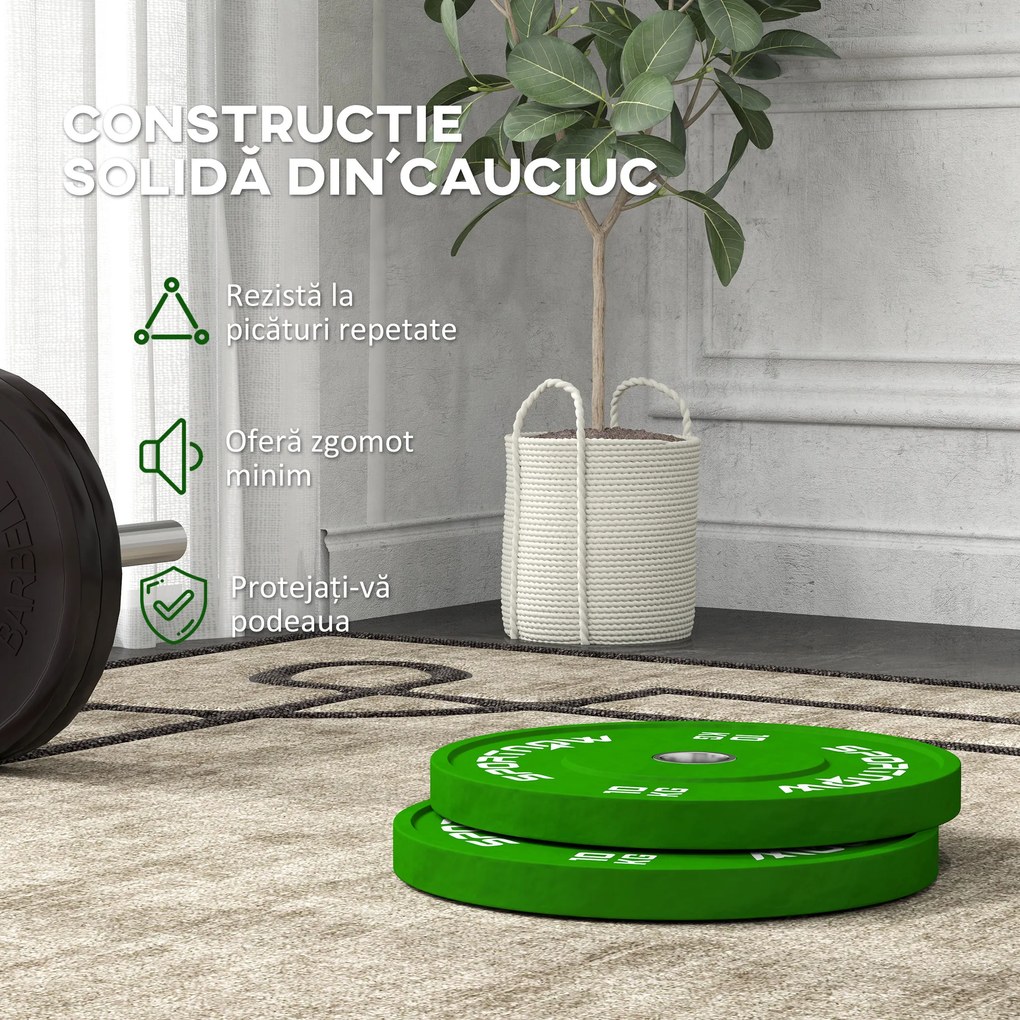 SPORTNOW Set de 2 Discuri Greutăți 2x10 kg din Cauciuc, cu Gaură de 5 cm pentru Gantere și Grijuri, Ø45x4 cm, Verde | Aosom Romania