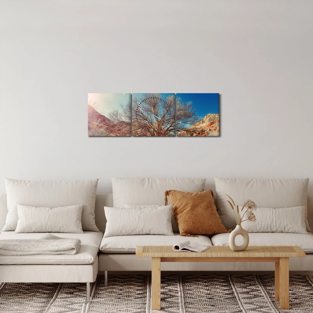 Tablou cu cu copac în deșert (cu ceas) (90x30 cm)