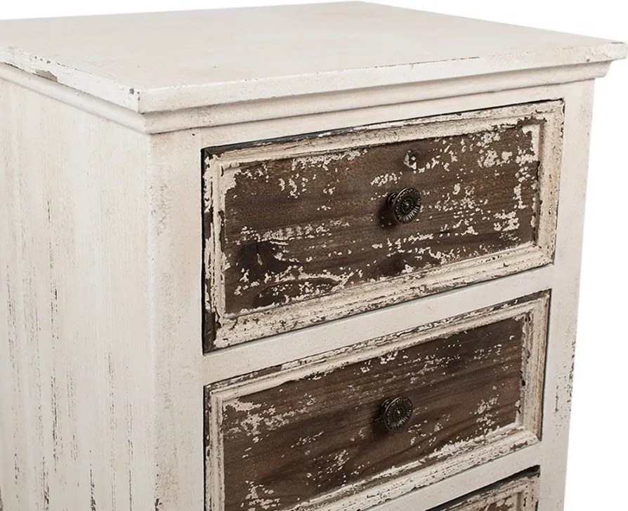 Comodă vintage îngustă cu 4 sertare, din lemn, alb și maro, cu butoni din metal și picioare curbate, 81 x 44 x 35 cm, „Renard”