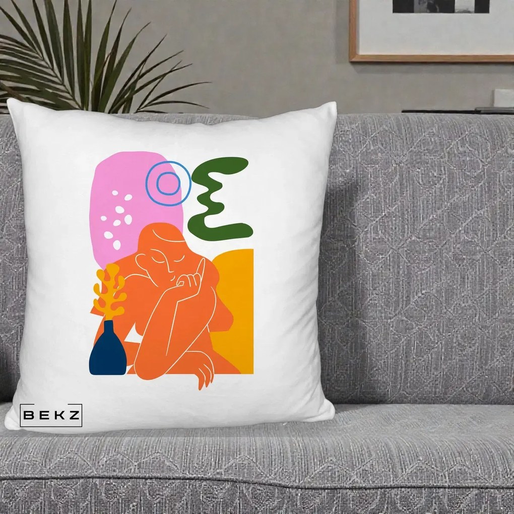 Perna Decorativa Femeie Meditand Abstract, 40x40 cm, Alb Pufos, Husa Detasabila, Perna Inclusa, BEKZ®