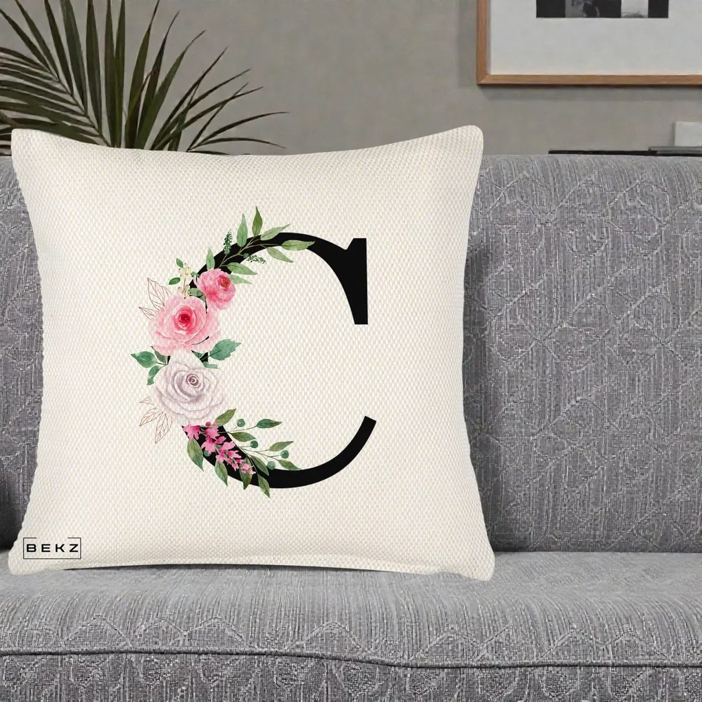 Cadou Personalizat - Perna Personalizata Monograma Florala Litera C, 40x40 cm, Crem Reliefat, Husa Detasabila, Perna Inclusa, BEKZ®