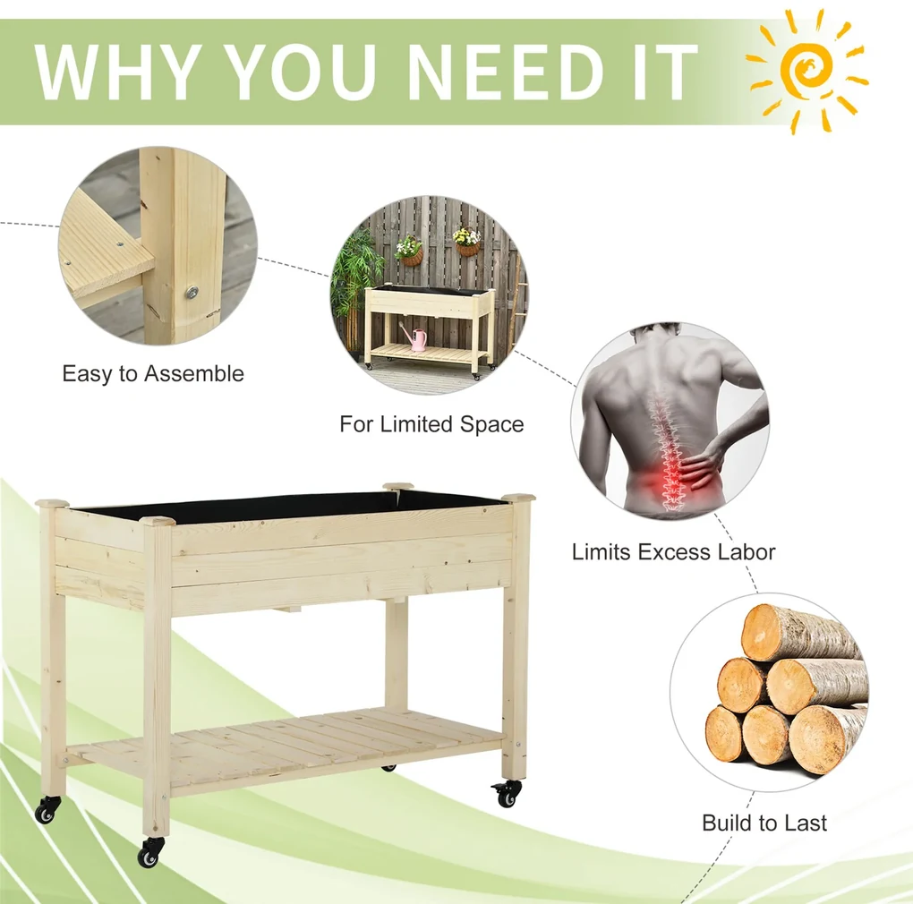 Outsunny Pat Grădină Legume Înălțat Lemn cu Roți, Jardiniera Înălțată cu Raft Inferior, 118x55x83cm, Natural | Aosom Romania