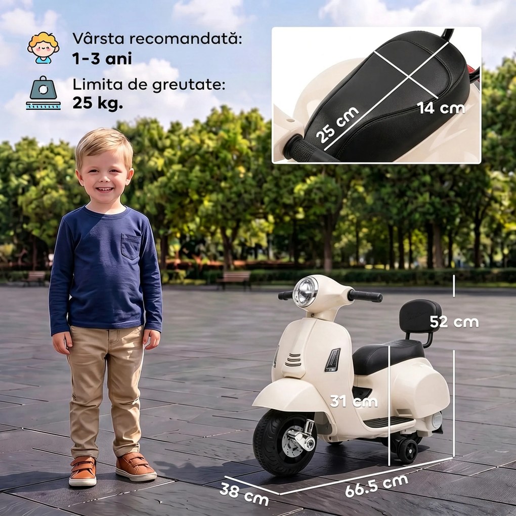 AIYAPLAY Motocicletă electrică pentru copii 1.5-3 ani mini Vespa GTS 7.2V, cu baterie litiu, spătar, roți ajutătoare, far, claxon, 2.5km/h, max. 25 Kg, alb crem | Aosom Romania