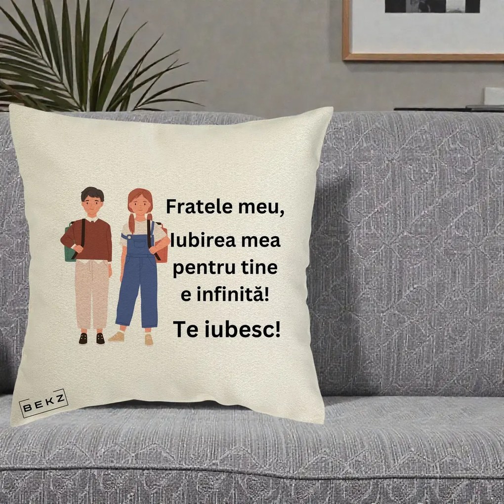 Cadou pentru Frate - Perna Personalizata Fratele Meu Te Iubesc Elevi Ilustratie Colorata, 40x40 cm, Ecru, Husa Detasabila, Perna Inclusa, BEKZ®