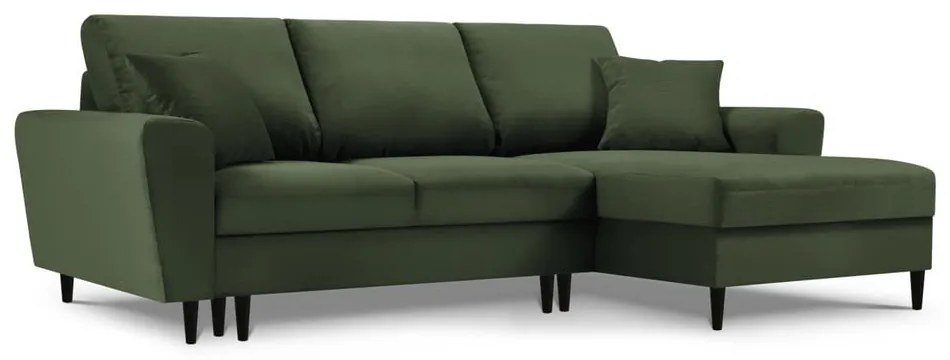 Colțar verde extensibil, cu spațiu de depozitare cu tapițerie din catifea reiată (cu colț pe partea dreaptă, cu șezlong) Kyoto – Cosmopolitan Design