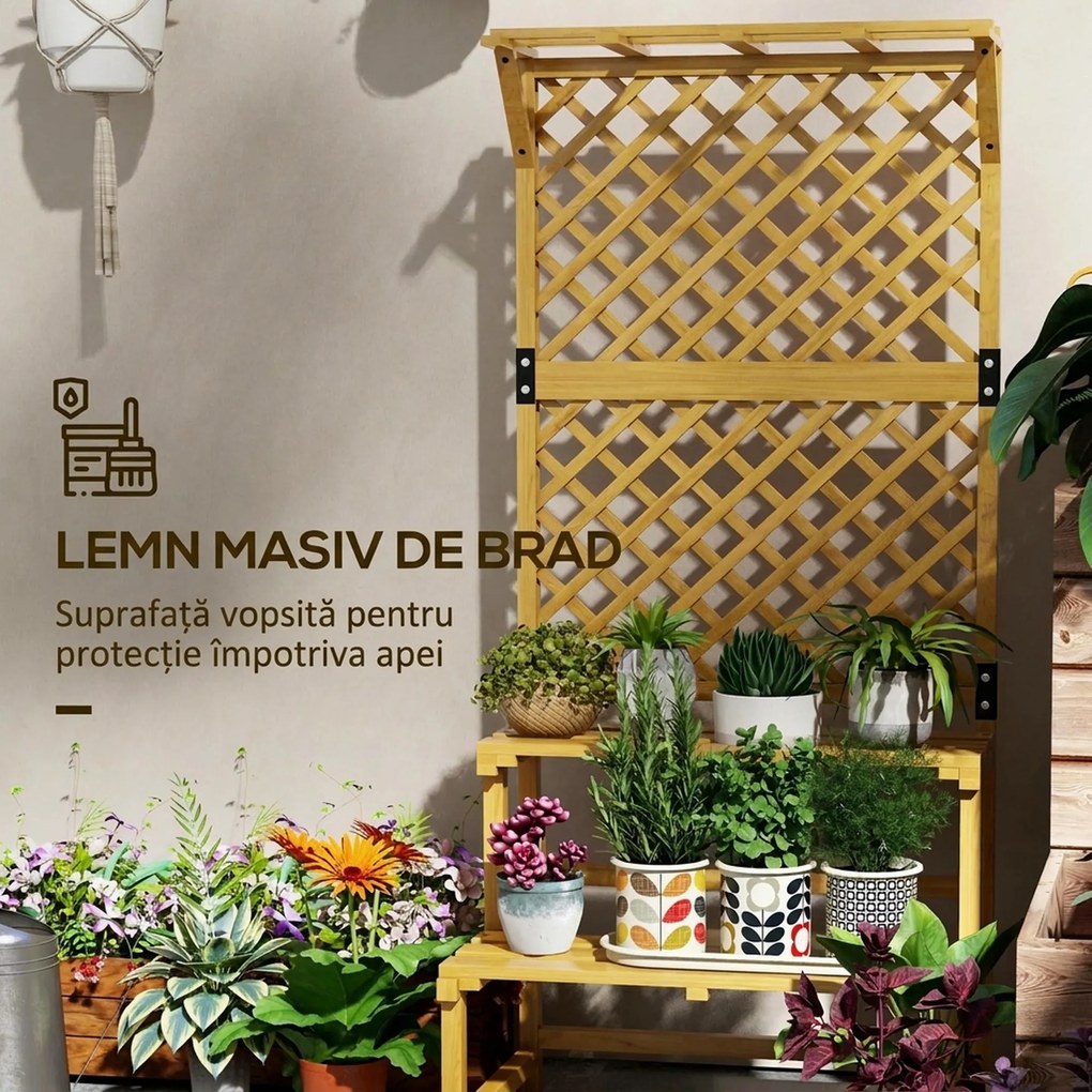 Outsunny Suport pentru plante, raft pentru flori, 2 niveluri, cu spalier și acoperiș, lemn de brad, 75x50x166cm, galben | Aosom Romania
