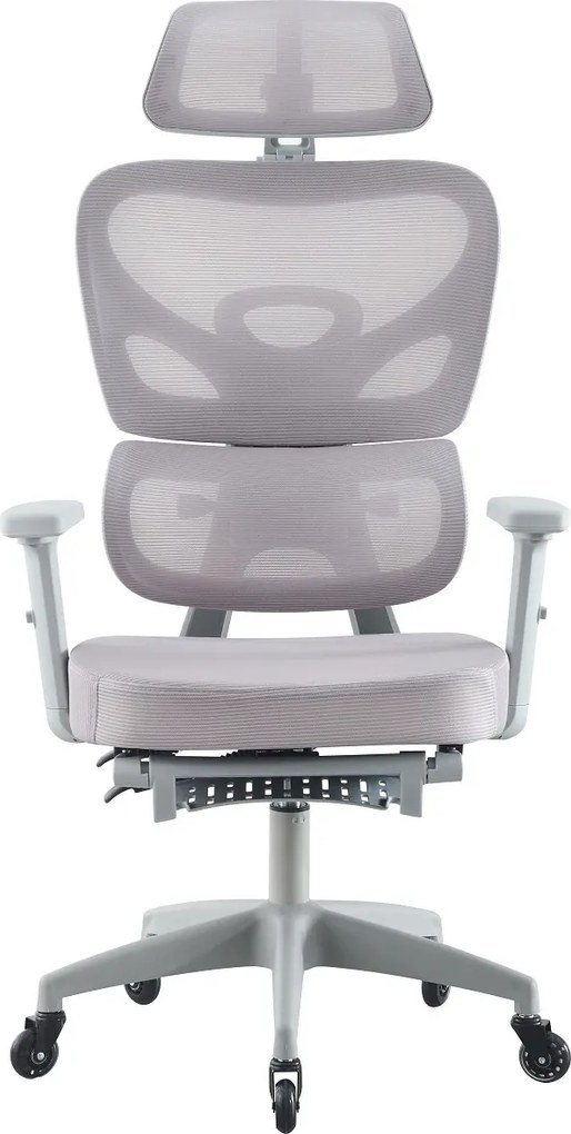 Scaun ergonomic, cotiere 3D, suport lombar adaptiv, spătar reglabil pe inaltime, tetiera 3D, suport pentru picioare, pivotant, Mesh, Gri