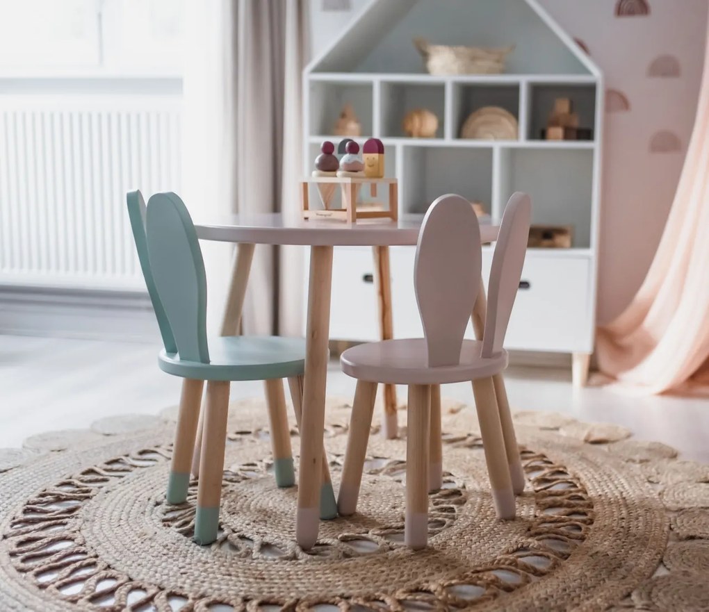 Set masuta rotunda roz si 2 scaunele iepuras roz si mint