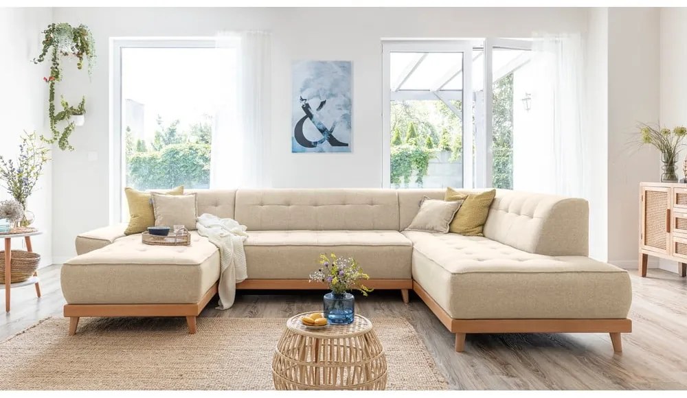 Canapea extensibilă în formă de "U" cu șezlong pe partea dreaptă Miuform Dazzling Daisy, bej