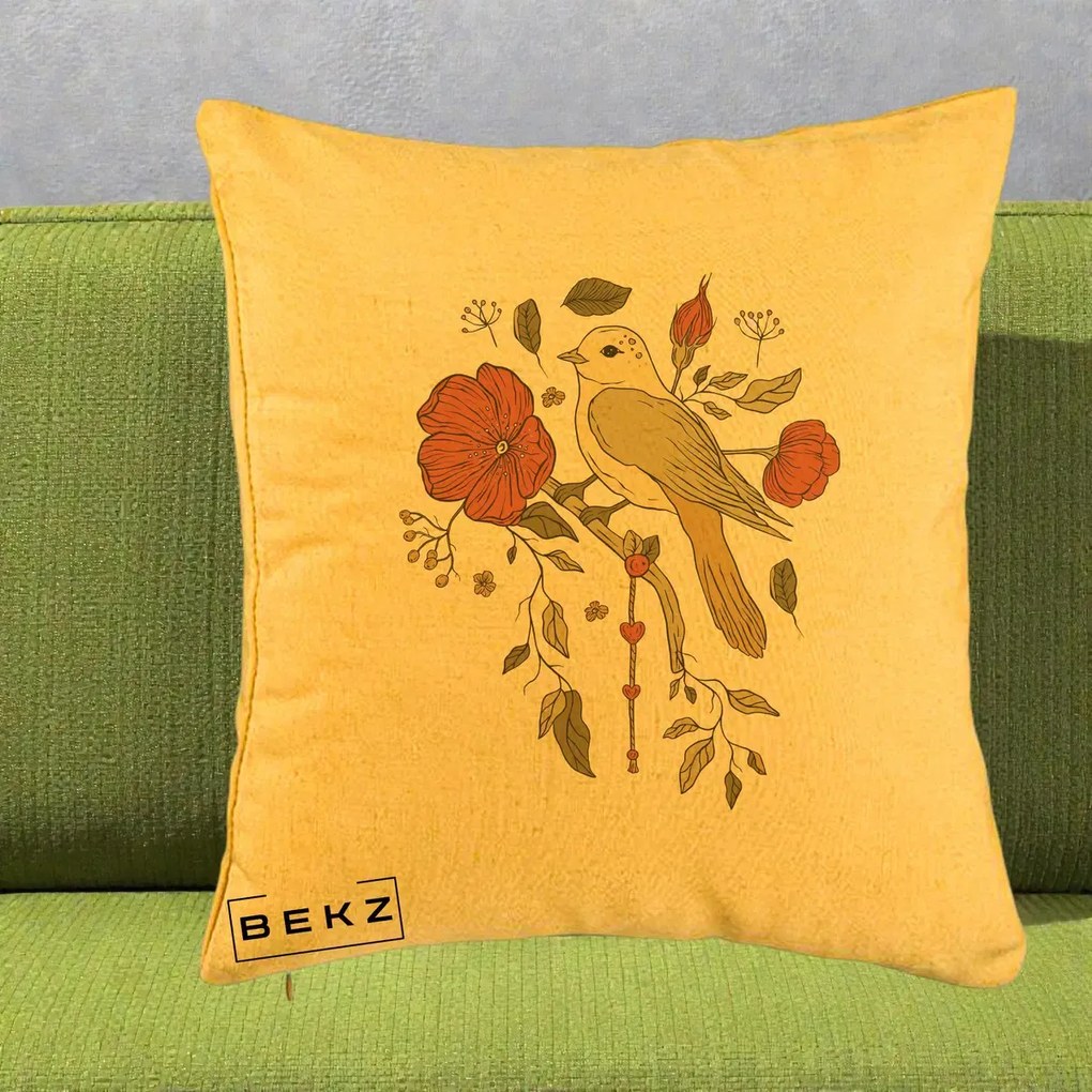 Perna Decorativa Pasare pe Ramura cu Maci, 40x40 cm, Galben, Husa Detasabila, Perna Inclusa, BEKZ®