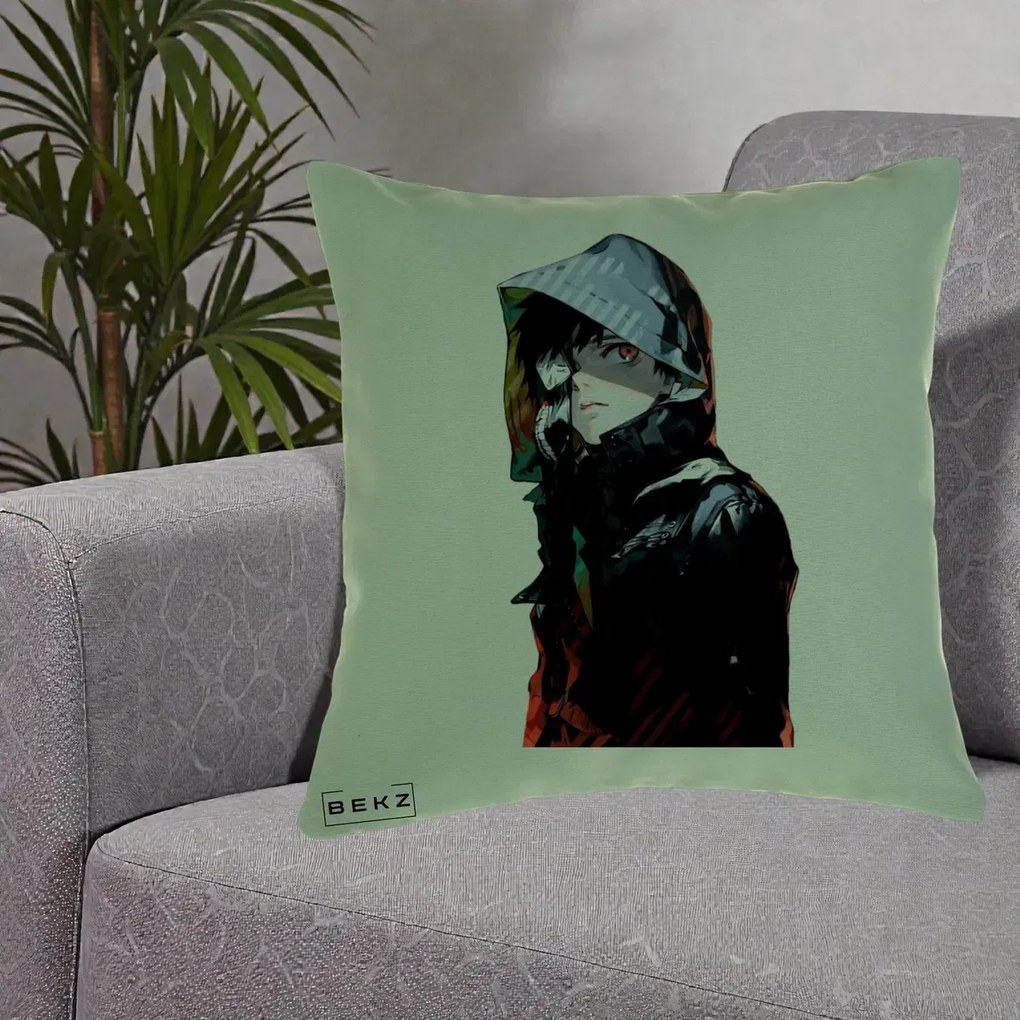 Perna Personalizata Tokyo Ghoul Ken Kaneki cu Masca si Gluga, 40x40 cm, Verde, Husa Detasabila, Perna Inclusa, BEKZ®