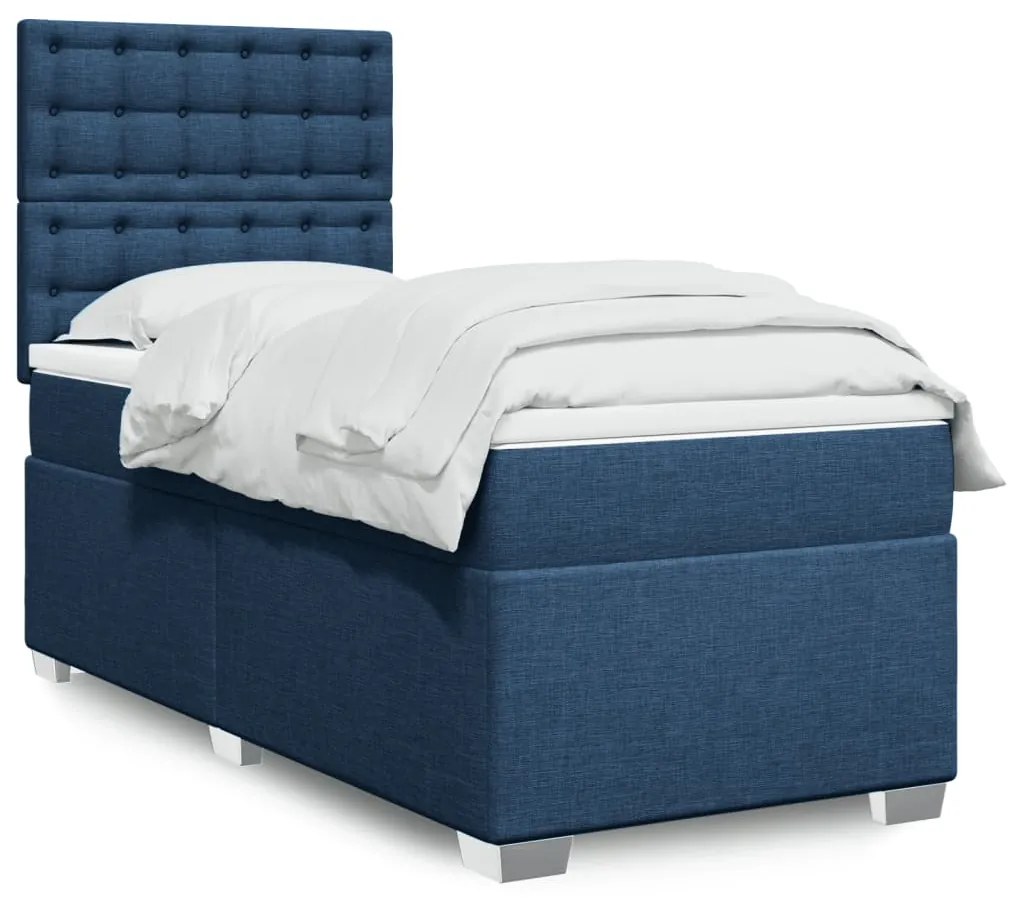 vidaXL Pat box spring cu saltea, albastru, 90x190 cm, textil
