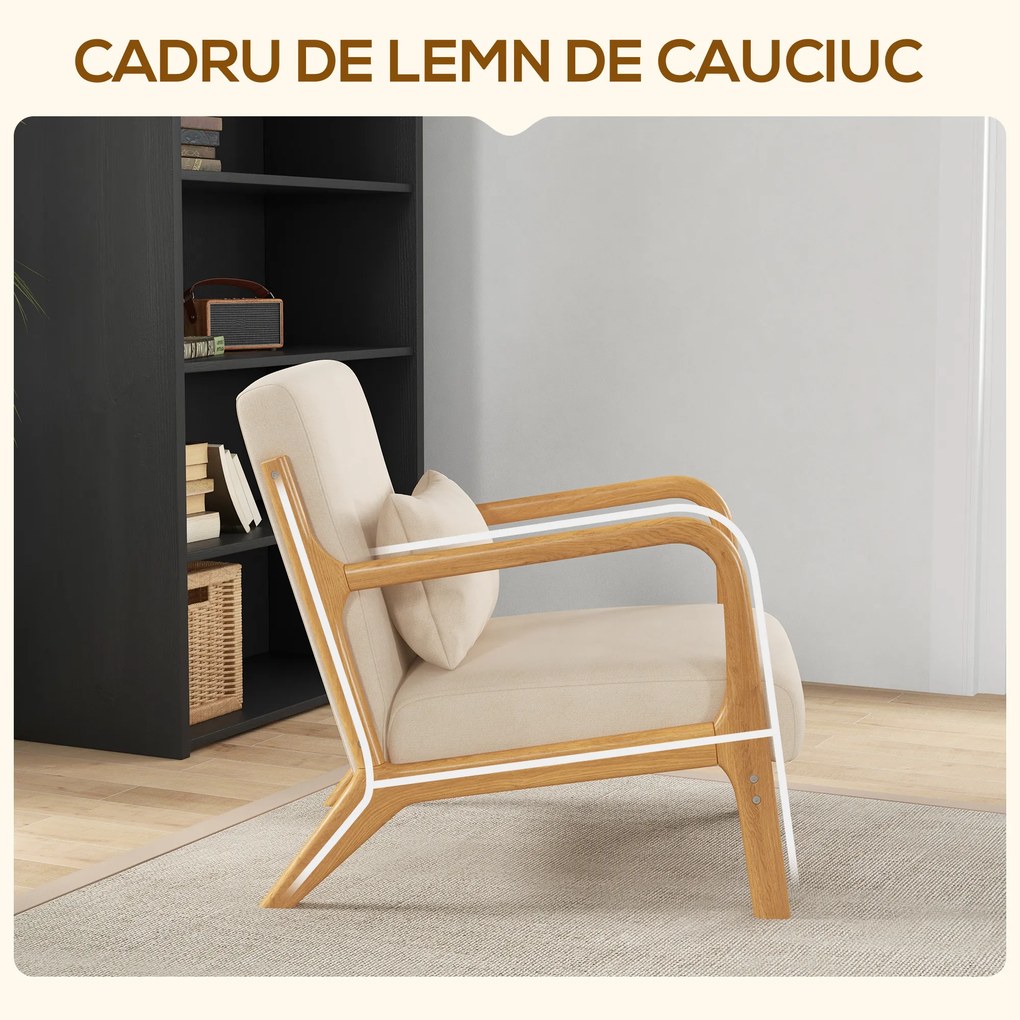HOMCOM Fotoliu din catifea cu structură din lemn, cu umplutură din arcuri în formă de S și pernă, 61x78x76 cm, Bej | Aosom Romania
