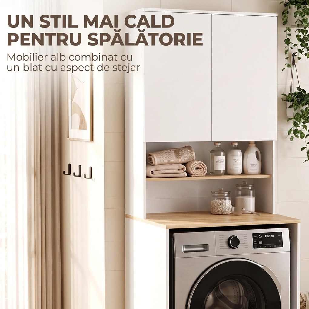 HOMCOM Dulap deasupra Mașinii de Spălat, 2 Uși Soft-Close, Raft Reglabil, 2 Rafturi Deschise, 68x59.8x188.6 cm, Alb și Stejar | Aosom Romania