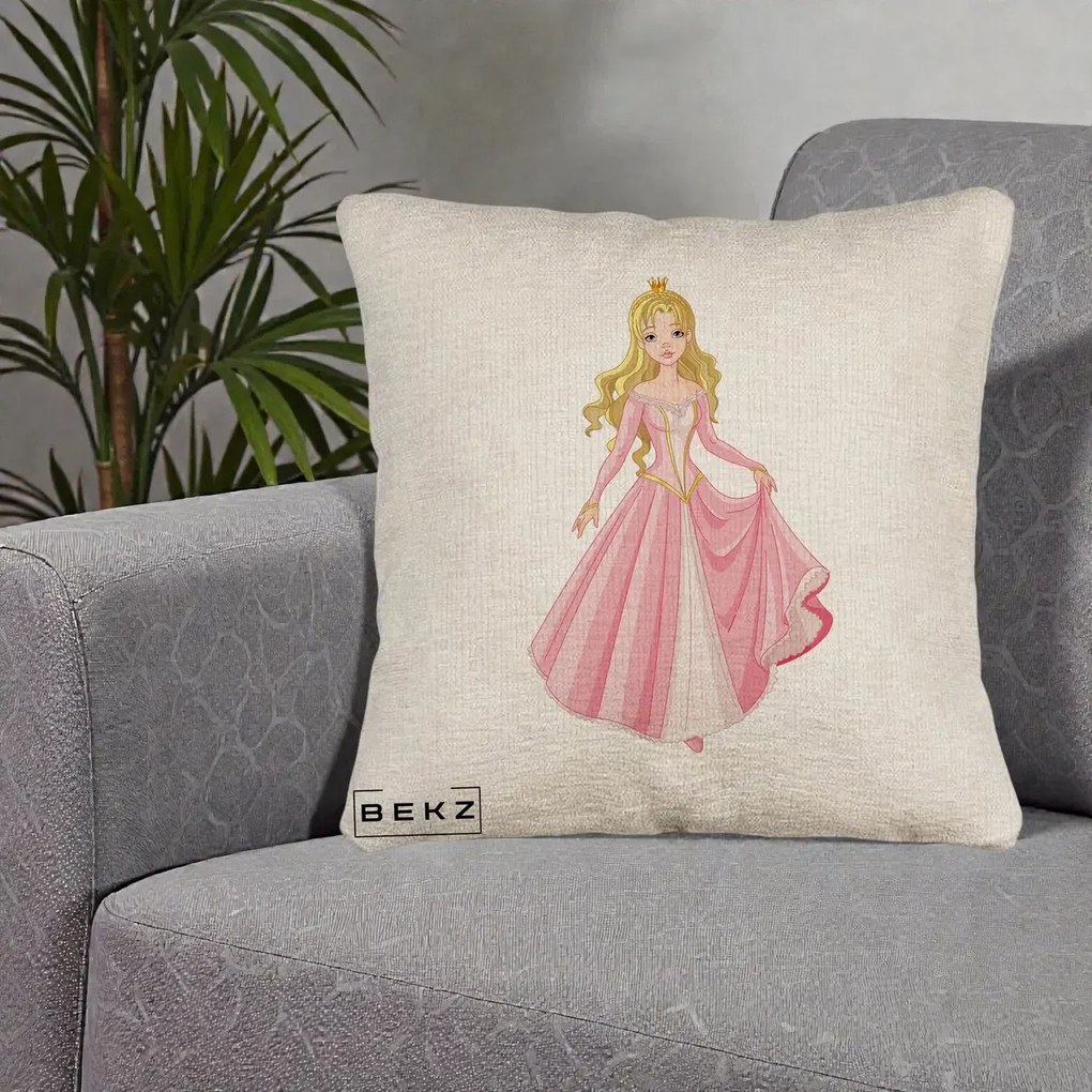 Perna Decorativa Printesa Aurora Rochie Roz, 40x40 cm, Bej Canapea, Husa Detasabila, Perna Inclusa, BEKZ®