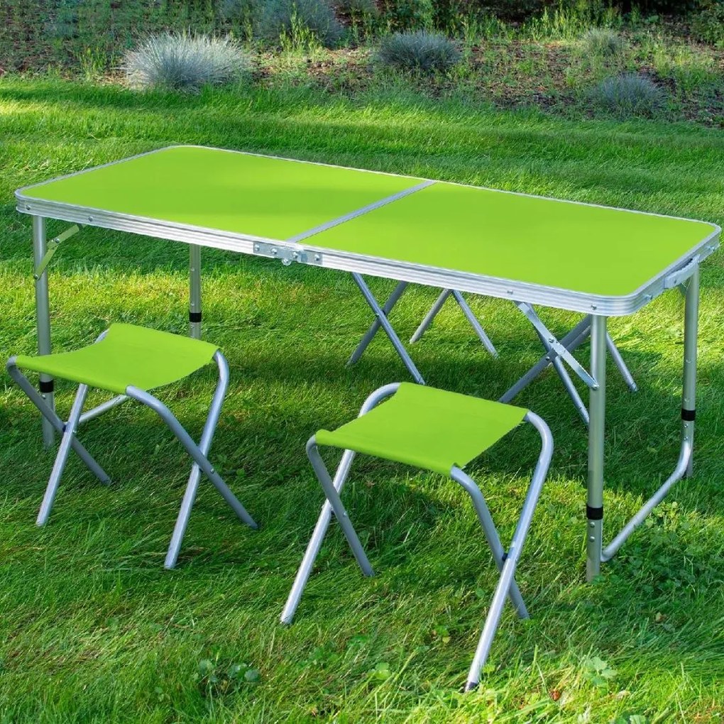 Set mobilier de camping pliabil, Jumi, verde, masă cu picioare reglabile și 4 tabureți