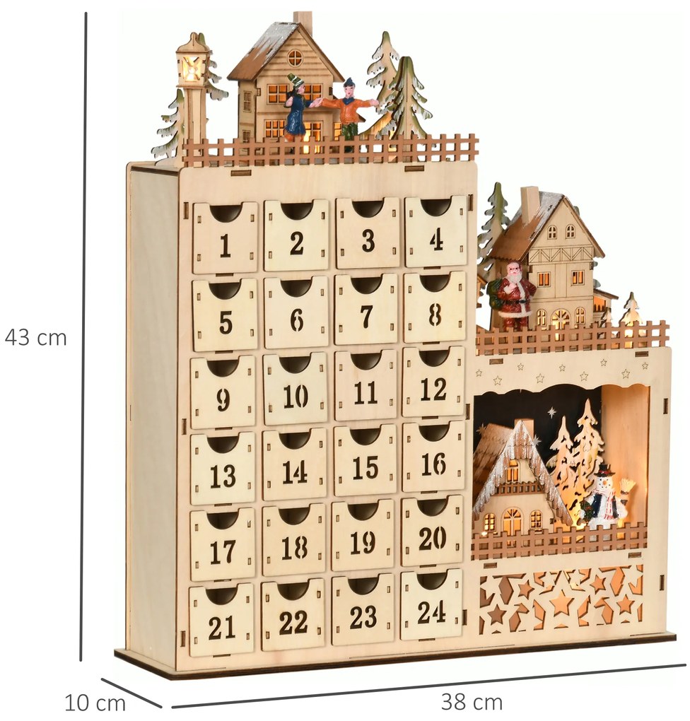 Calendar Advent de Craciun din lemn, cu lumini LED, pentru copii si adulti, natural HOMCOM | Aosom Romania