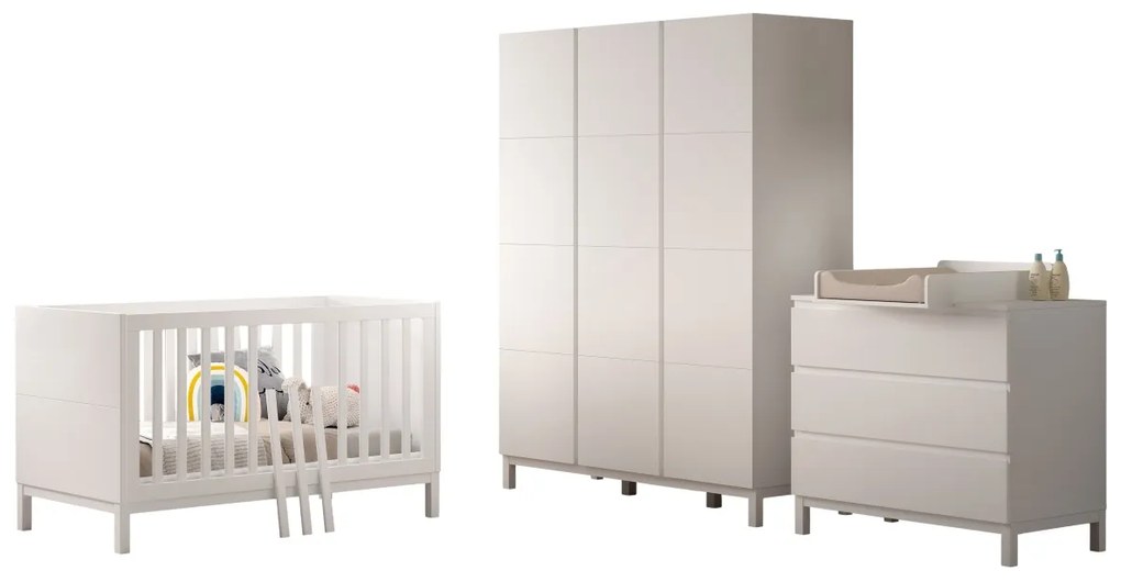 Set dormitor copii EVA alb, Pat copii pentru copii mici (70 x 140 cm), o comodă cu accesoriu asortat și un Dulap camera copii cu 3 uși.