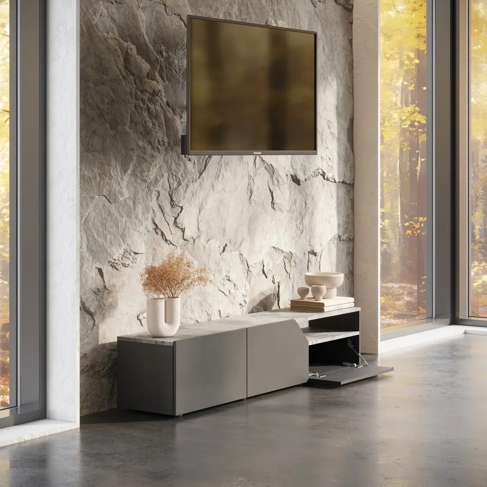 Comodă TV neagră cu aspect de beton 180x38 cm Verone – TemaHome