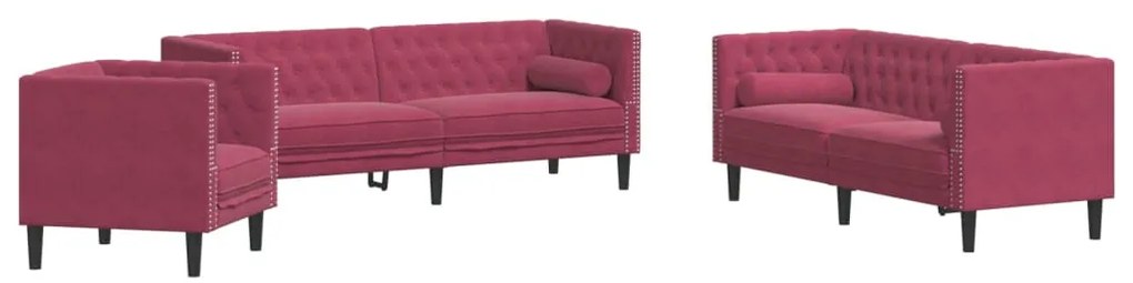 3209285 vidaXL Set canapele Chesterfield perne rulou 3 piese roșu vin catifea