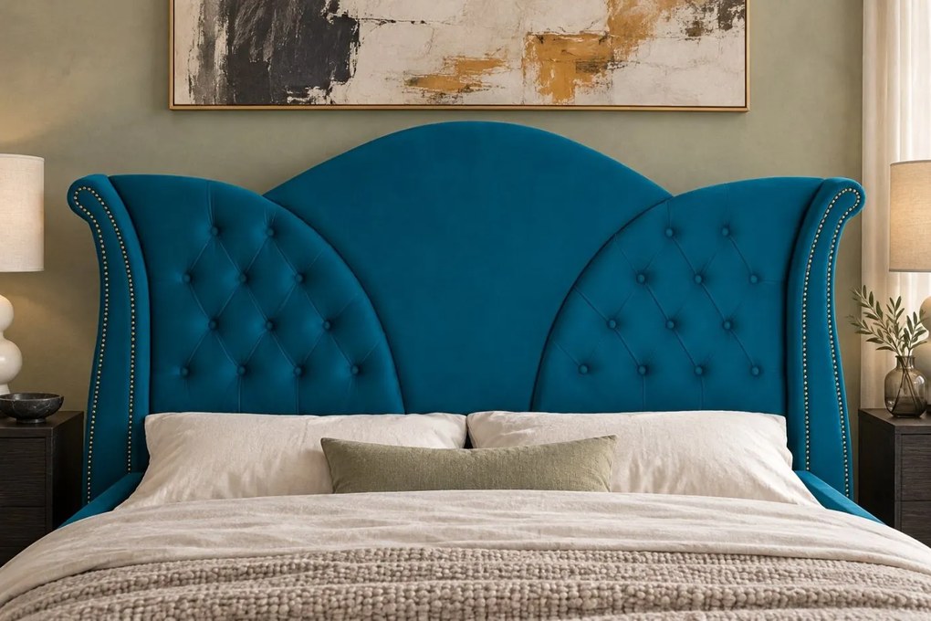 Pat tapițat Chesterfield din catifea Velora Deluxe Classic 160×200 cm, turcoaz, cu ladă de depozitare