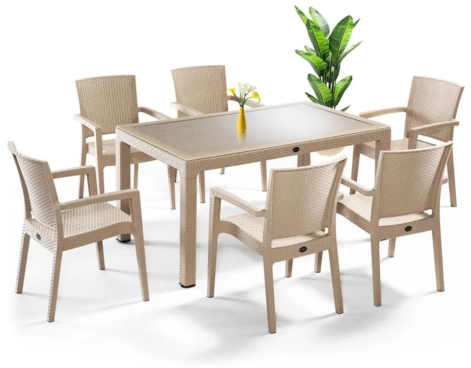 Set mobilier gradina - terasa, masa cu geam 90x150cm cu 6 scaune ratan, Elite, cappuccino