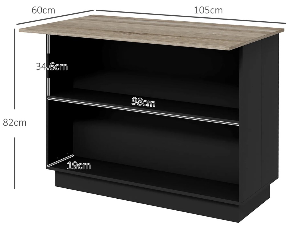 HOMCOM Insulă de Bucătărie cu Bar, Cărucior de Bucătărie cu 2 Compartimente Deschise și 2 Dulapuri, 105x60x82 cm, Negru | Aosom Romania