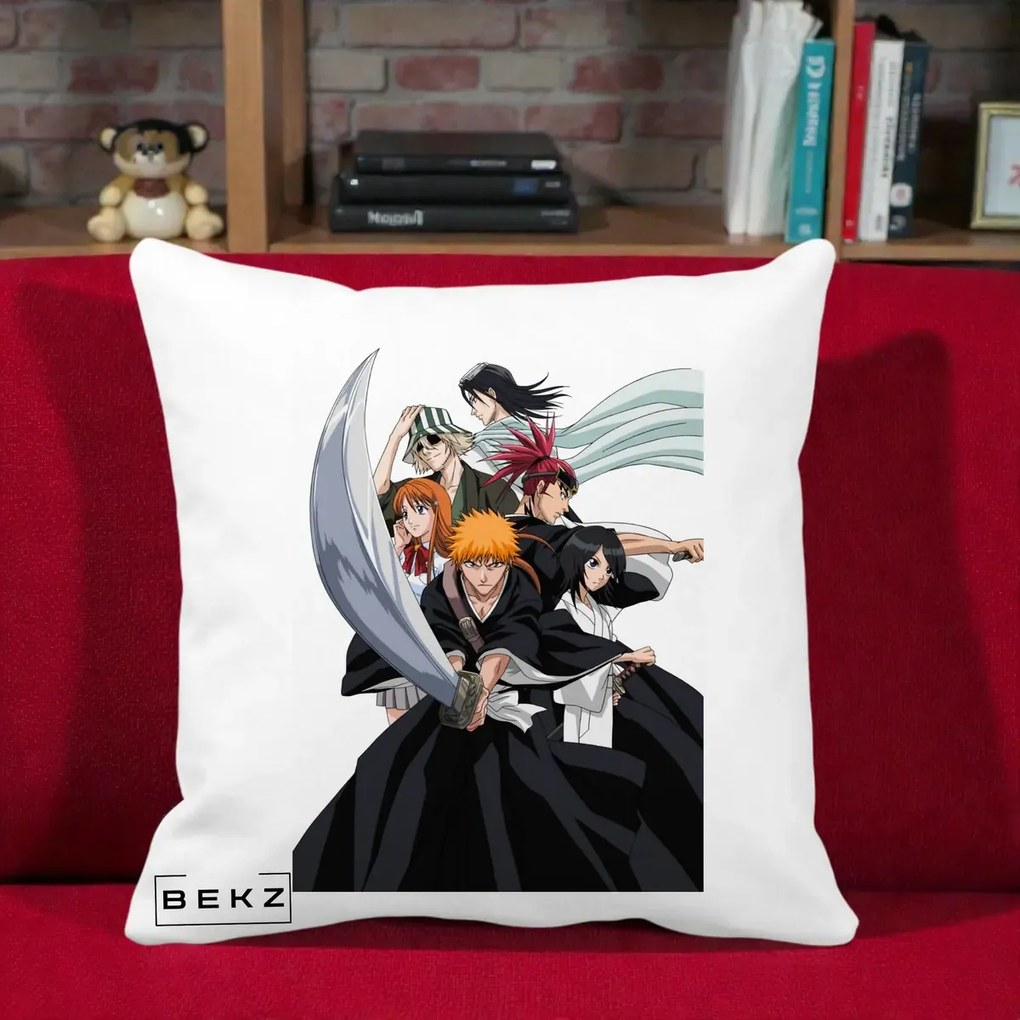 Perna Personalizata Bleach Grup Complet Ichigo si Prietenii, 40x40 cm, Alba Mata, Husa Detasabila, Perna Inclusa, BEKZ®