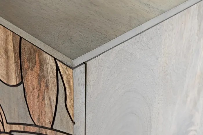 Bufet natur , din metal si lemn de mango , cu design "Grey flowers"