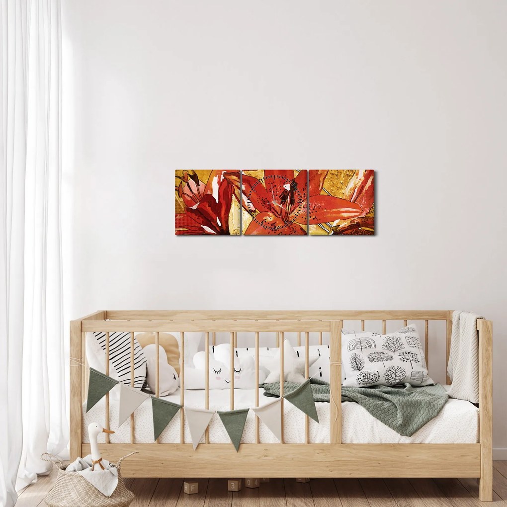 Tablou cu flori de crini (cu ceas) (90x30 cm)