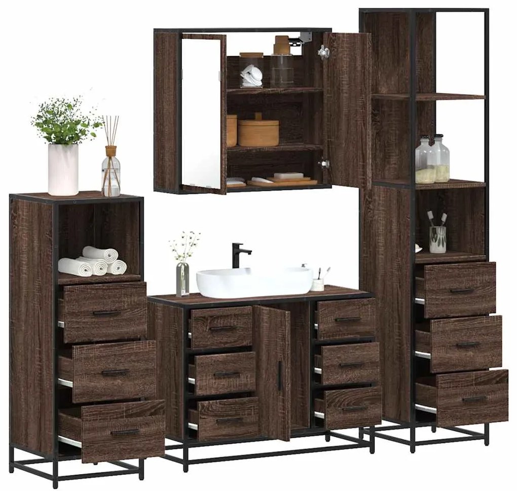 vidaXL Set de mobilier de baie din 4 piese din lemn de stejar maro