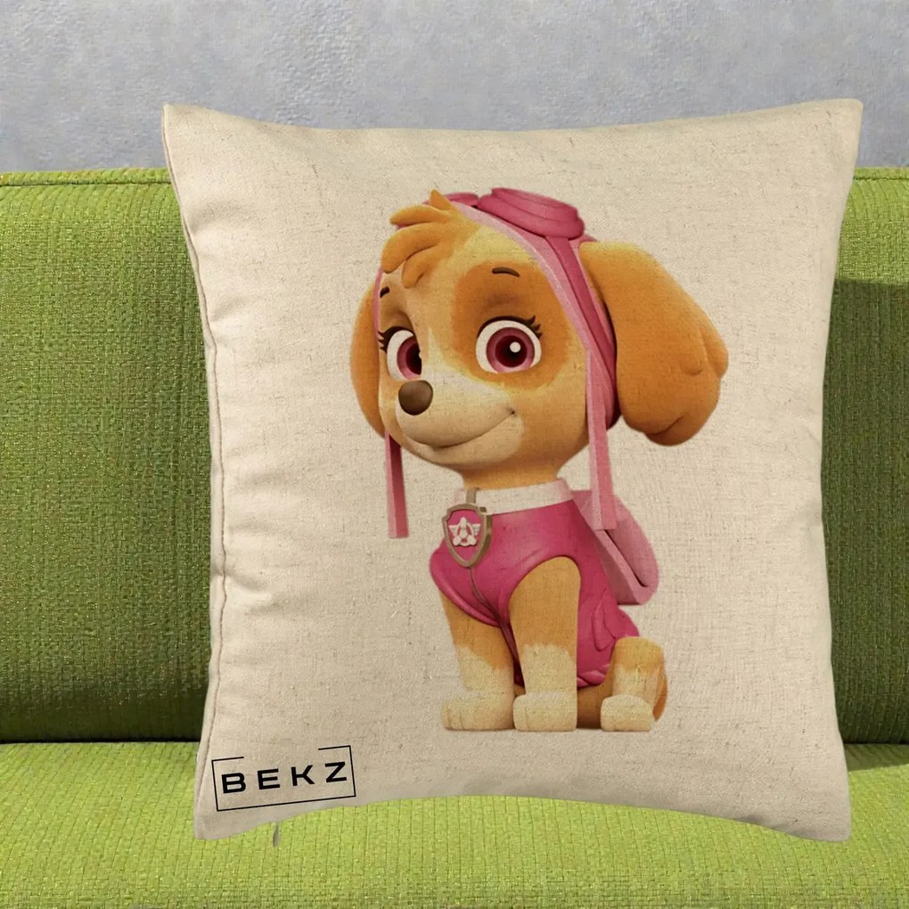 Perna Personalizata Skye PAW Patrol Roz, 40x40 cm, Bej, Husa Detasabila, Perna Inclusa, BEKZ®
