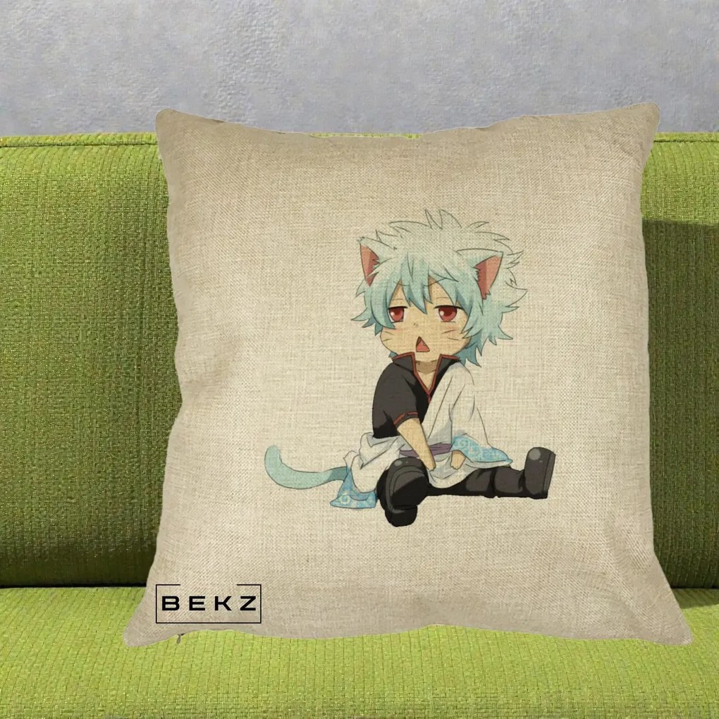 Perna Personalizata Gintama Gintoki Chibi Pisica, 40x40 cm, Crem, Husa Detasabila, Perna Inclusa, BEKZ®