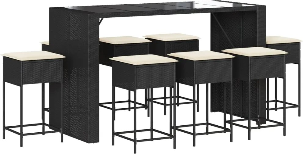 vidaXL Set mobilier bar de grădină cu perne, 9 piese, negru, poliratan