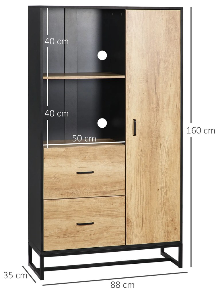 HOMCOM Bufet Modern cu 2 Sertare, 2 Rafturi și un Dulăpior cu 4 Compartimente, 88x35x160 cm, Lemn Natural | Aosom Romania