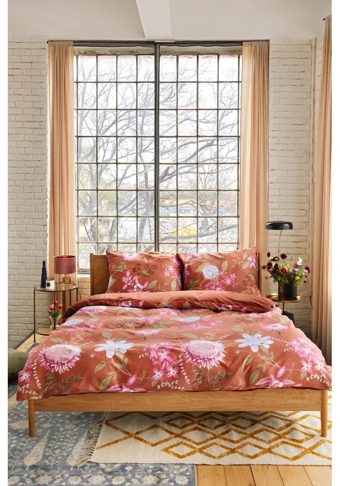 Lenjerie de pat din bumbac satinat pentru pat single Bonami Selection Blossom, 140 x 220 cm, maro teracotă