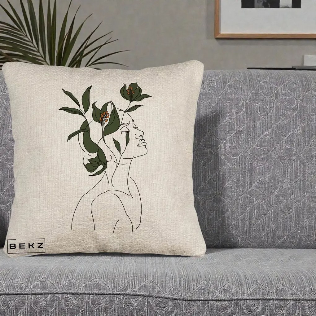 Perna Decorativa Portret Feminin Crin Verde, 40x40 cm, Bej Canapea, Husa Detasabila, Perna Inclusa, BEKZ®